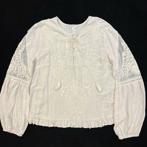 Cato Womens XL Cream Embroidered Lace Up Top Boho Indie Peasant Cottagecore